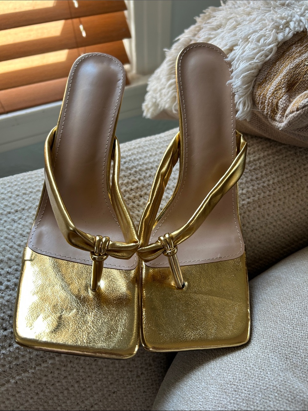 Metallic Gold Square-Toe Knot Thong Heels